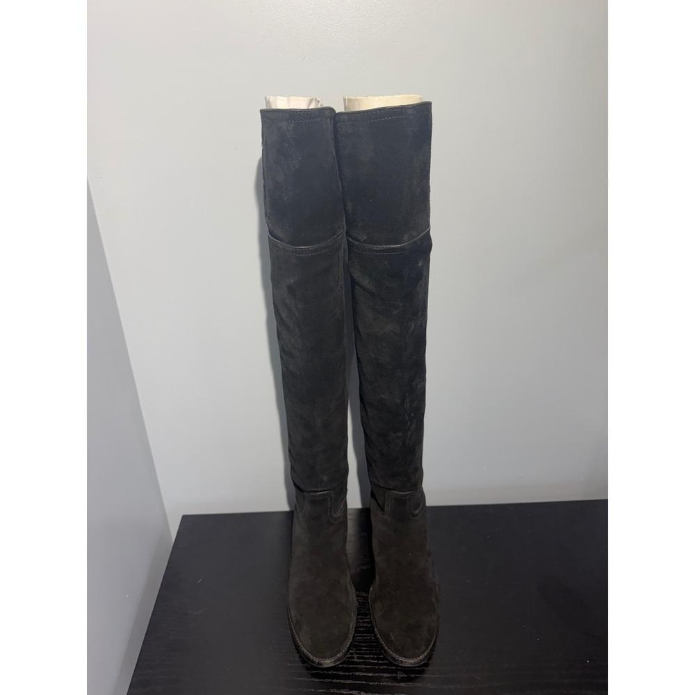 Tory Burch Black Suede Over The Knee OTK Boots Embossed Logo Back Zip Low Heel